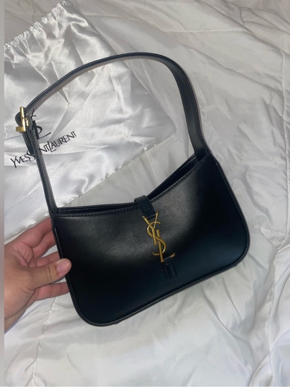 Saint Laur ent Black Leather Shoulder Bag with Gold YS L Hardware
